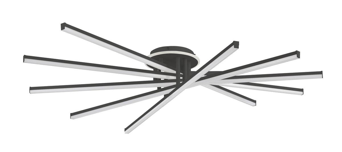 Plafonnier noir à huit bras lumineux disposés en étoile, vue de face sur fond blanc