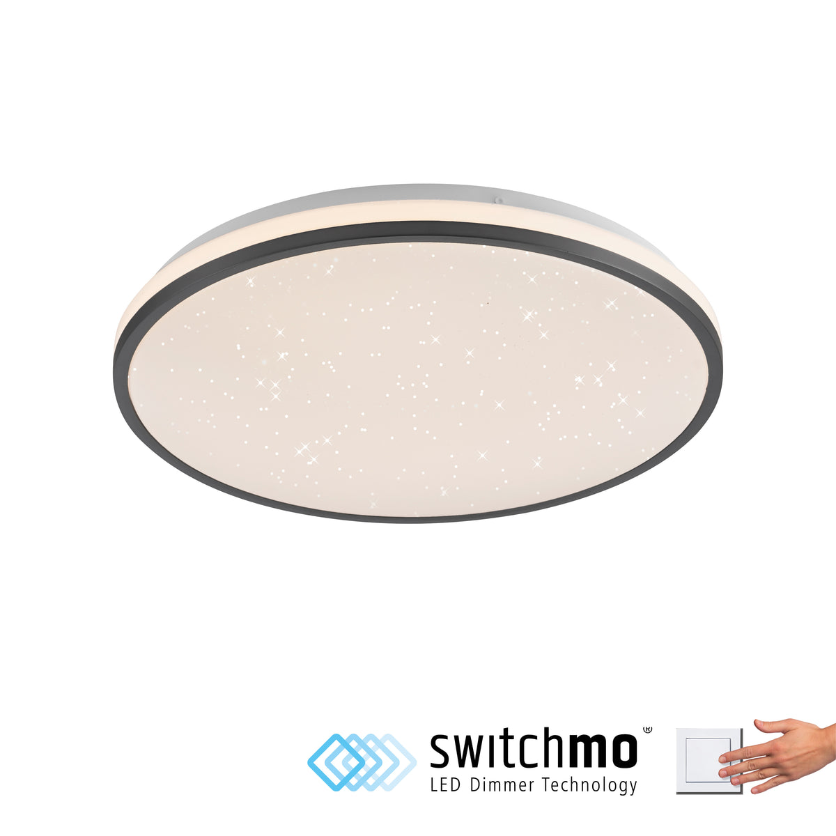 Vue produit sur fond blanc avec logo Switchmo et main actionnant un interrupteur mural