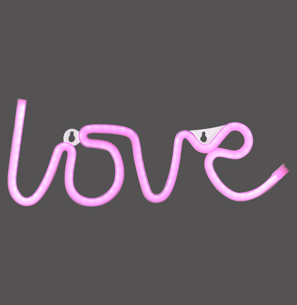 Produit de face sur fond gris, inscription love en néon rose et fixations murales.