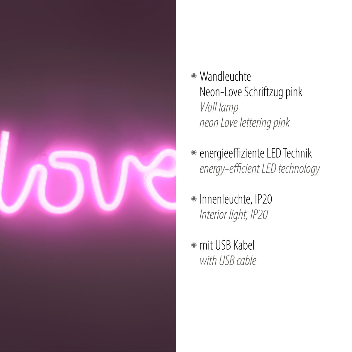 Fiche technique allemande et anglaise : LED, IP20, câble USB, intérieur.