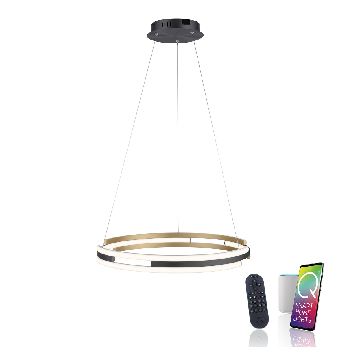Vue du luminaire avec télécommande, enceinte connectée et smartphone pour pilotage intelligent.