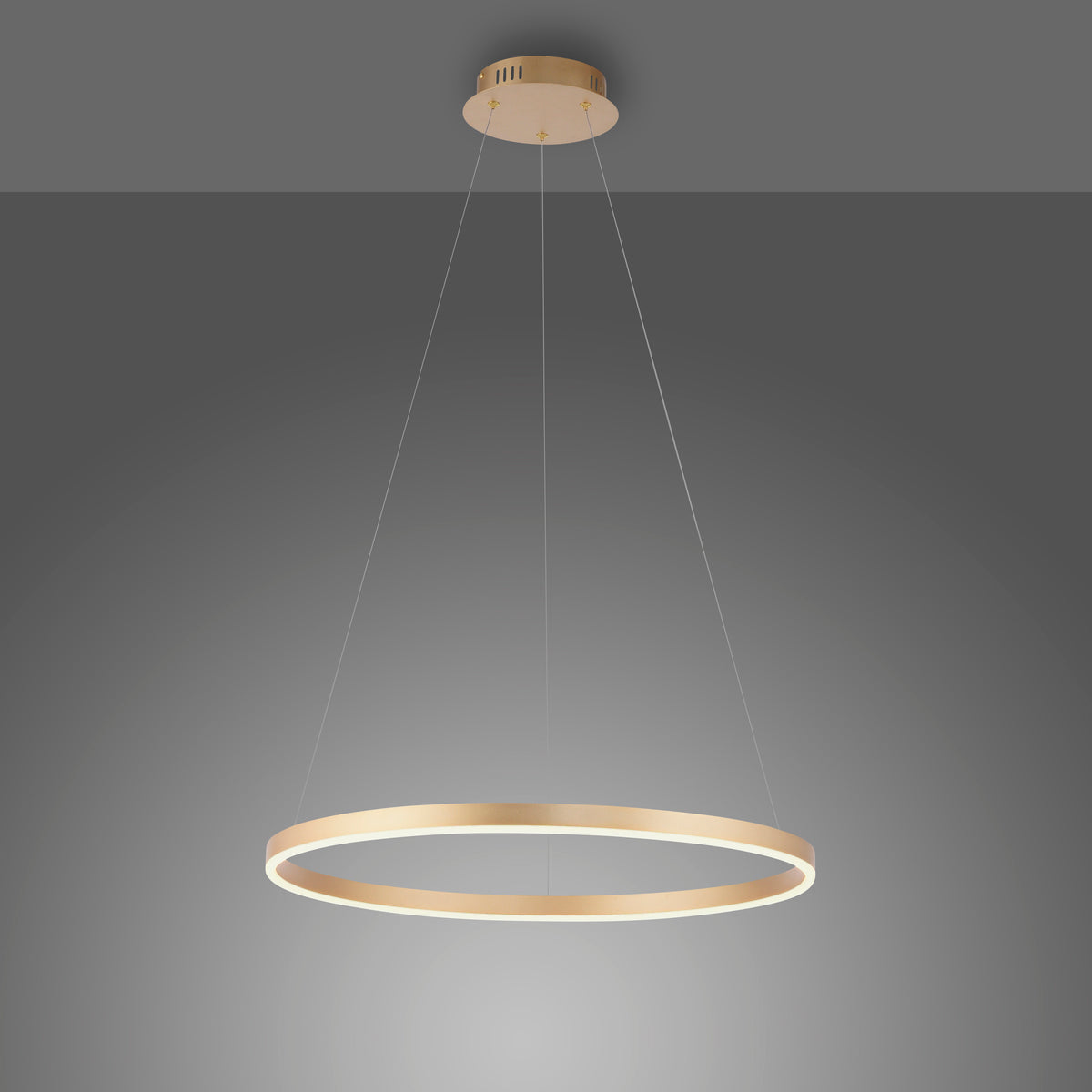 Vue de trois quarts de la suspension anneau lumineux laiton mat sur fond gris dégradé.