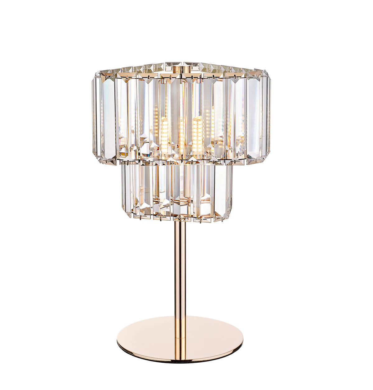 Lampe à poser dorée avec abat-jour en cristal à facettes, présentée de face sur fond blanc.