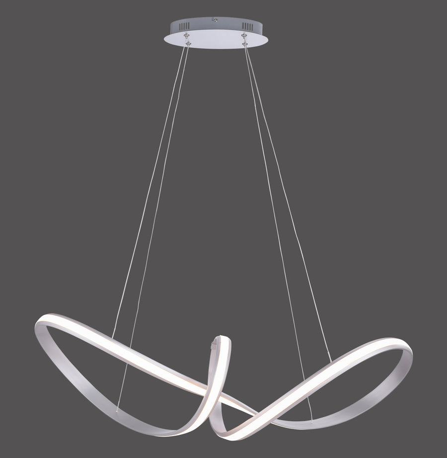 Vue de face du luminaire suspendu en spirale, ruban LED allumé sur fond gris foncé