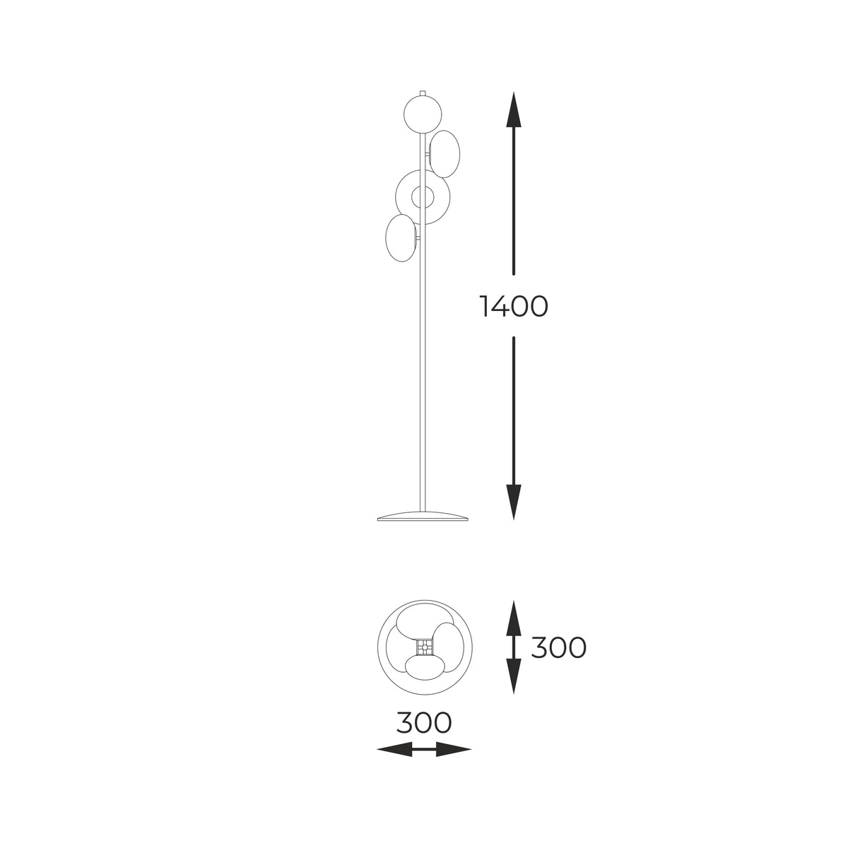 Schéma de dimensions du lampadaire : hauteur 1400 mm et base 300 mm.