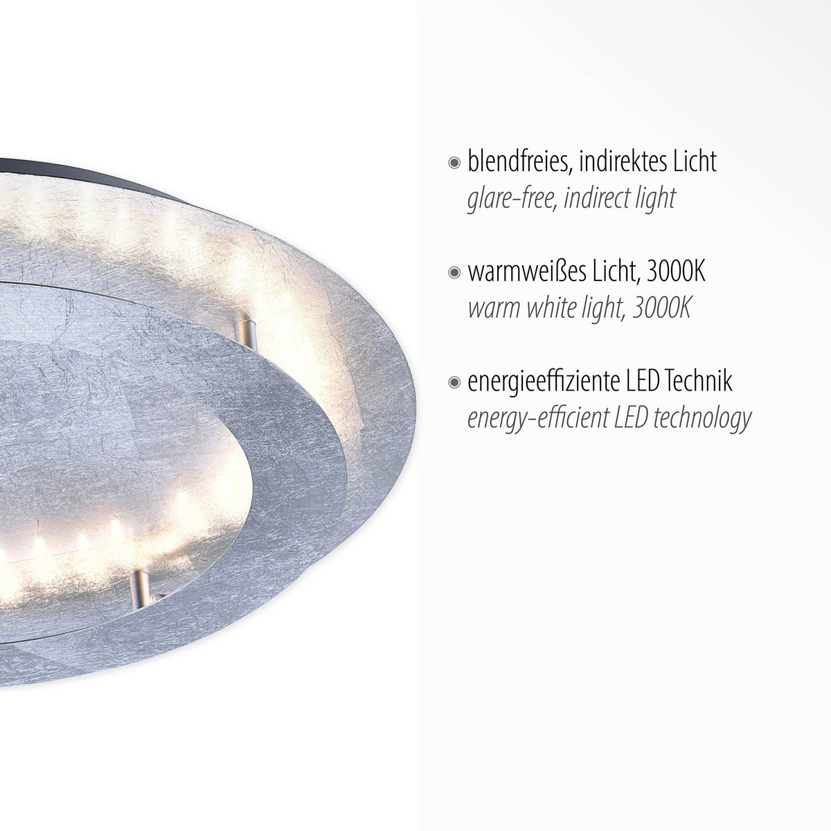 Détail de la finition argentée avec texte sur lumière indirecte et LED