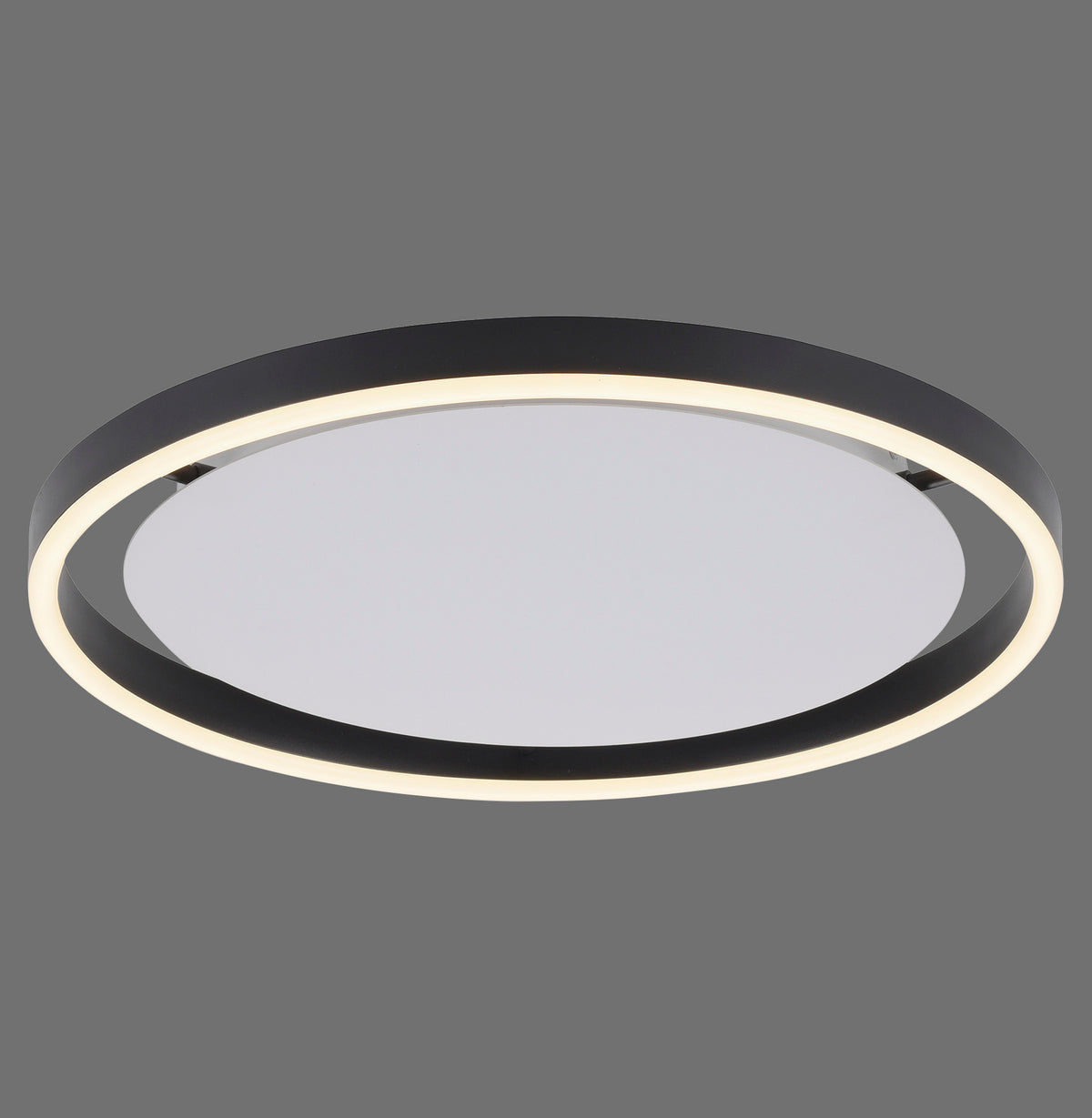 Vue de face du plafonnier rond anthracite allumé, anneau lumineux et diffuseur blanc