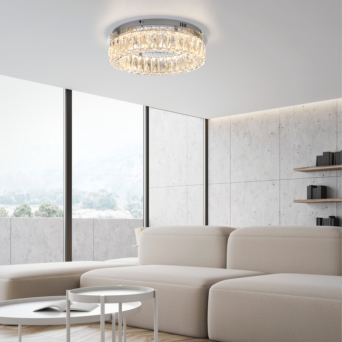 Mise en ambiance du luminaire allumé au plafond d'un salon contemporain beige