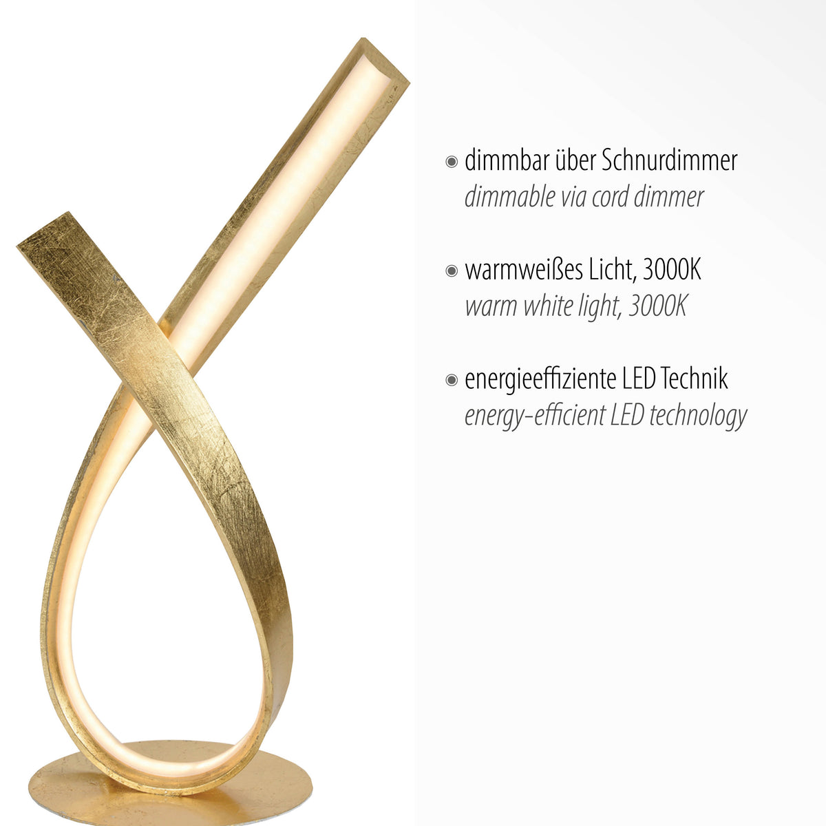 Photo produit avec texte sur variateur, lumière blanc chaud 3000K et LED
