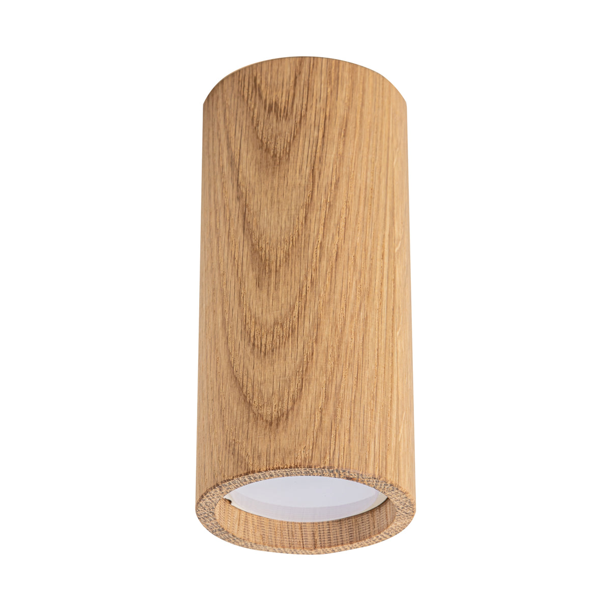 Vue de face du spot cylindrique en chêne clair avec intérieur blanc.