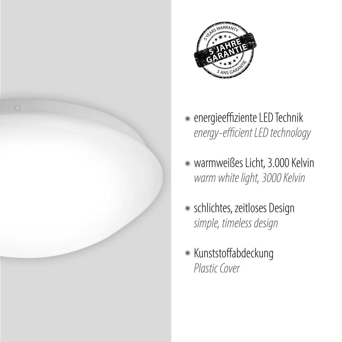 Fiche produit illustrée avec mentions LED 3000 Kelvin et garantie cinq ans.