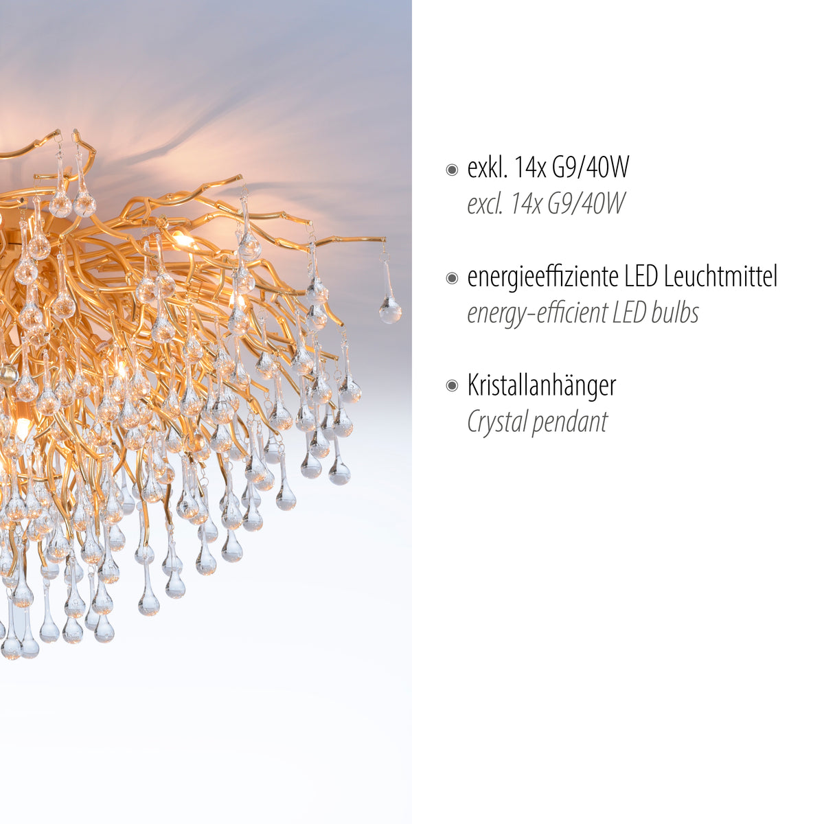 Détail des ampoules G9 et des pendants en cristal avec texte explicatif