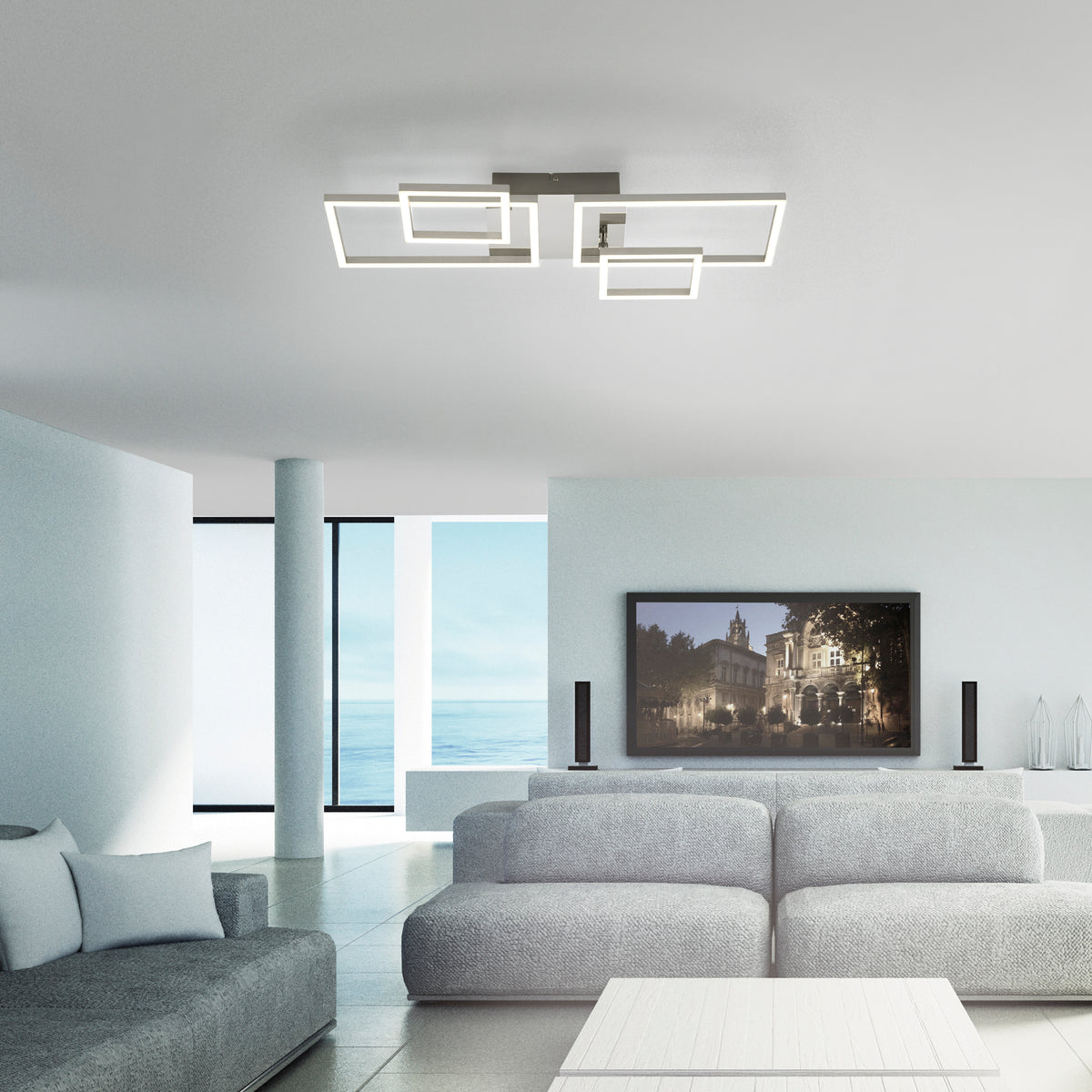 Mise en ambiance du plafonnier LED dans un salon moderne et épuré.