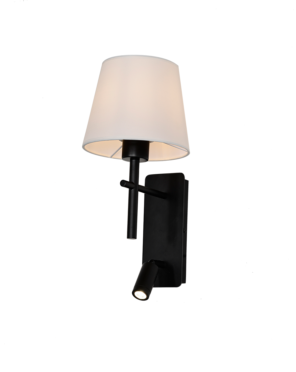 Applique murale noire avec abat-jour en tissu blanc et liseuse orientable intégrée
