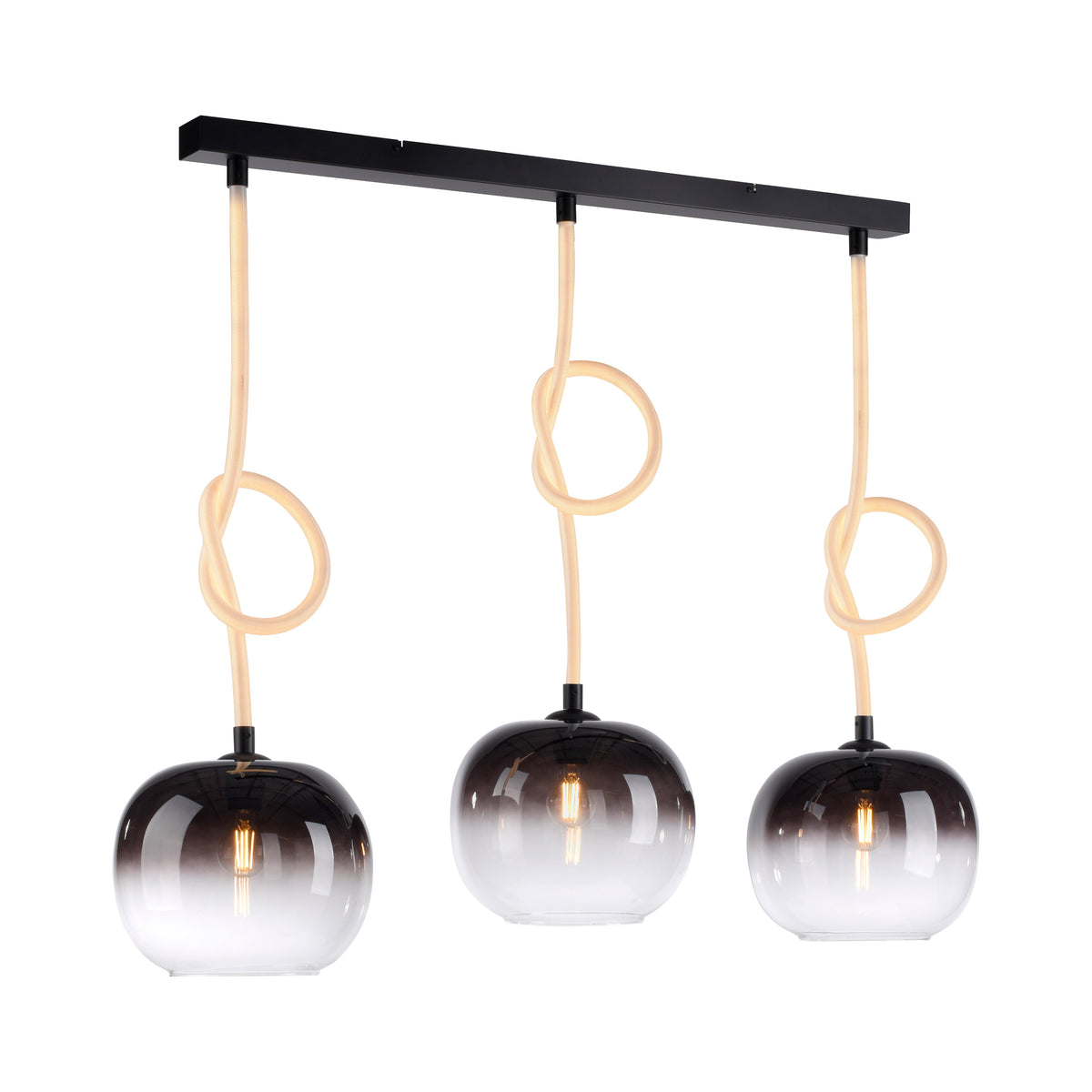 Vue de face du luminaire suspendu avec trois globes en verre fumé et cordons lumineux.