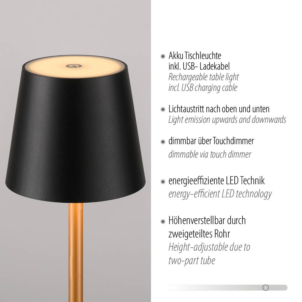 Détail du produit avec texte sur batterie, variateur tactile et lumière haut/bas.