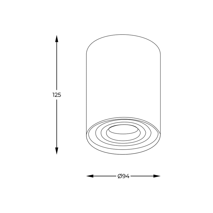 Schéma coté du spot : hauteur 125 mm et diamètre 94 mm.
