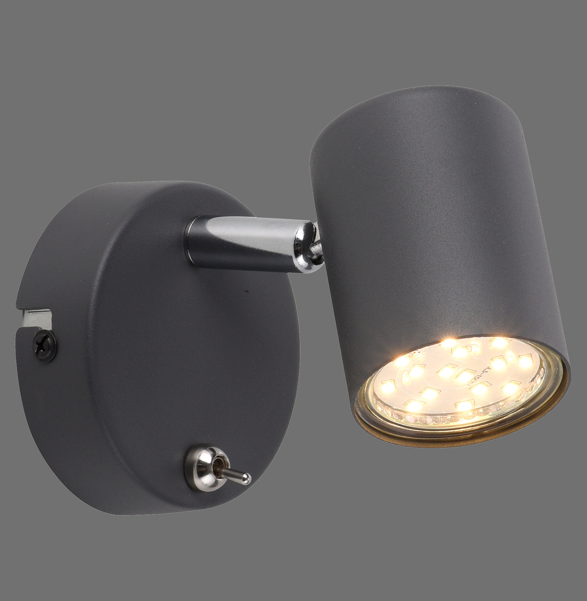 Applique murale noire avec tête cylindrique orientable et interrupteur, LED allumées.