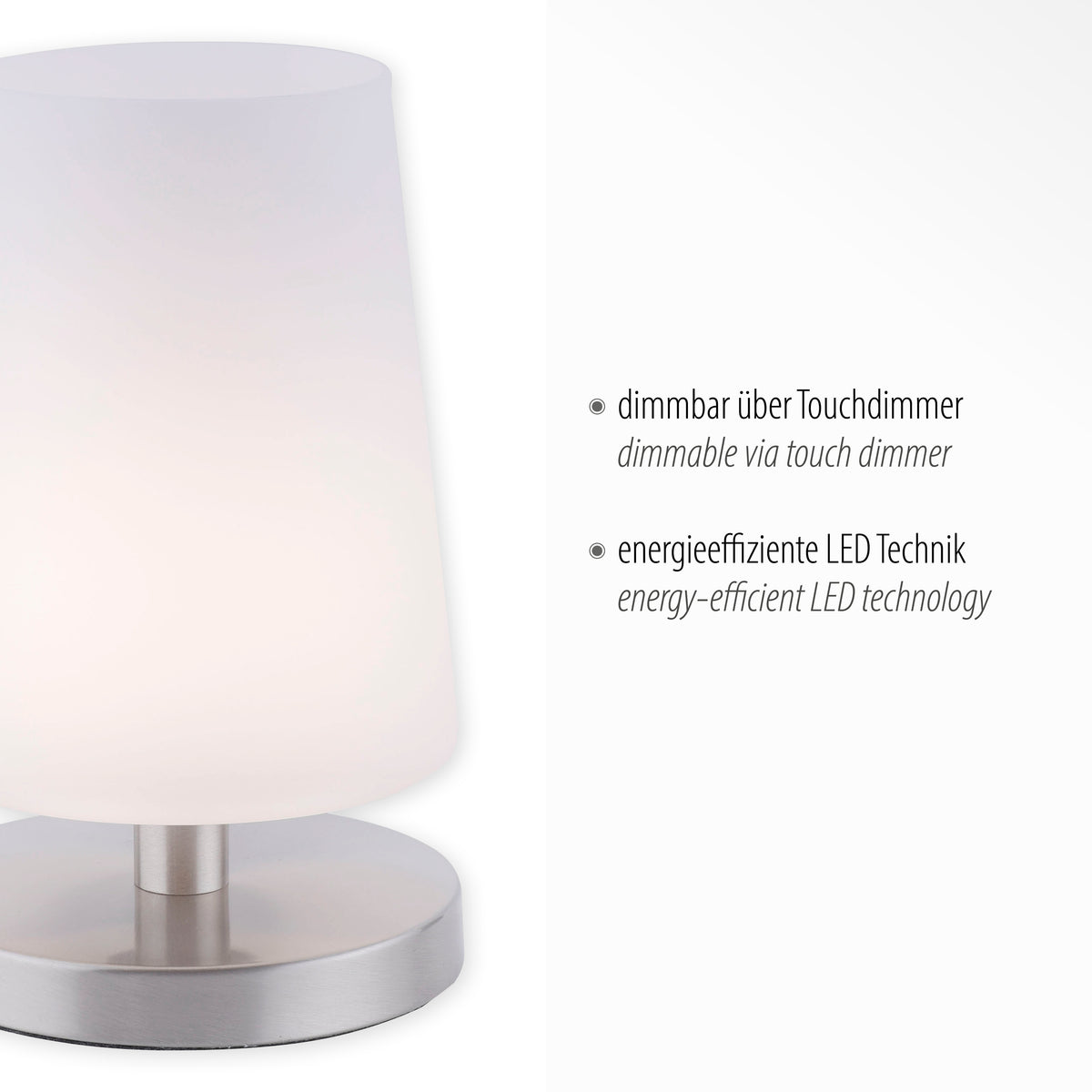 Détail du produit avec mentions textuelles variateur tactile et technologie LED économe