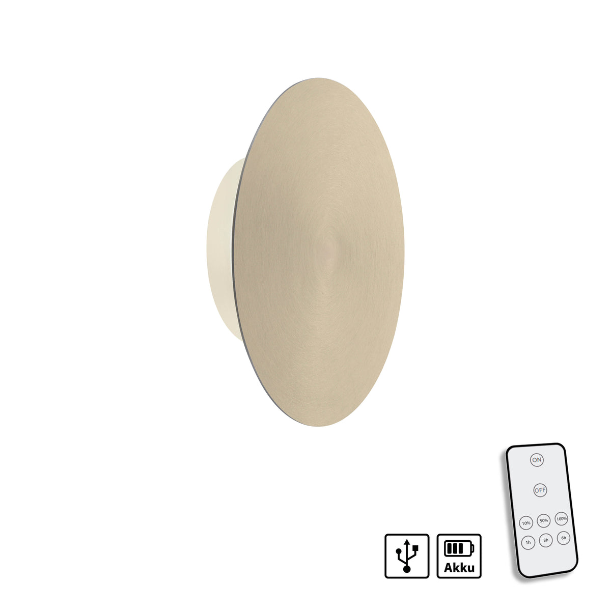 Produit de face avec télécommande infrarouge et pictogrammes de recharge USB et batterie
