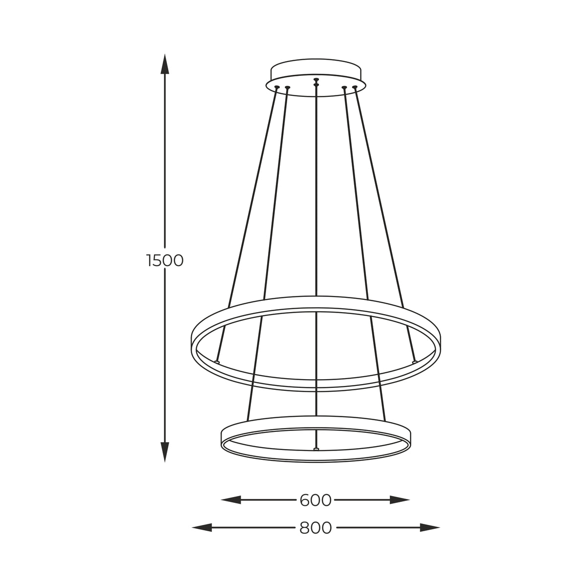 Schéma de dimensions de la suspension : hauteur 1500 mm, diamètres 600 et 800 mm