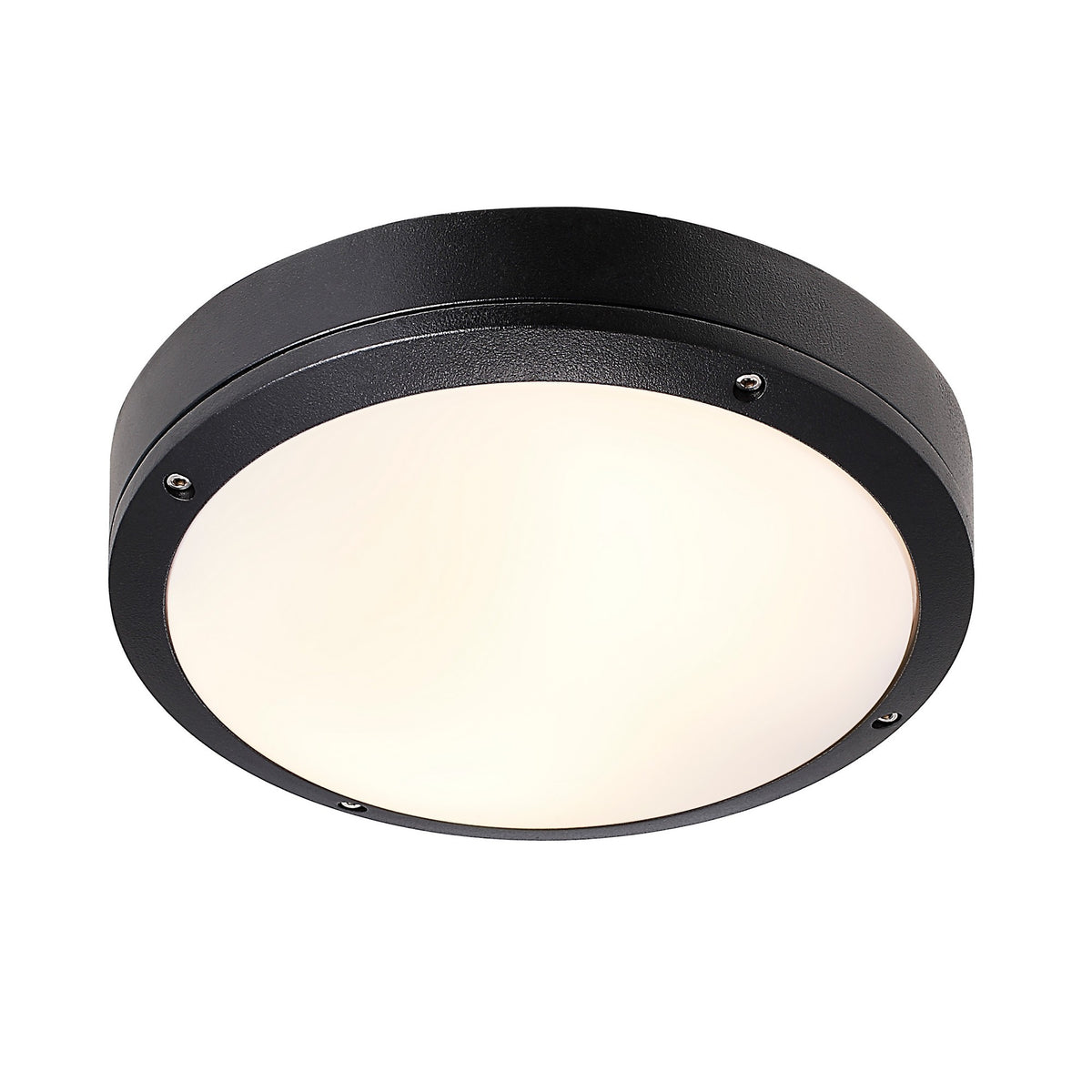 Vue de face d'un plafonnier rond noir à diffuseur opale et quatre vis apparentes.