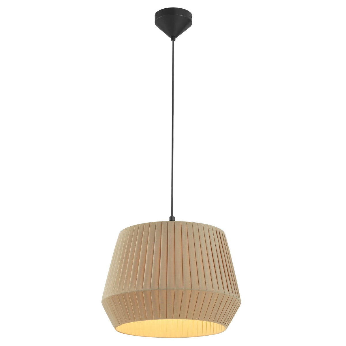 Suspension en tissu plissé beige, vue de face, éclairée par le bas.