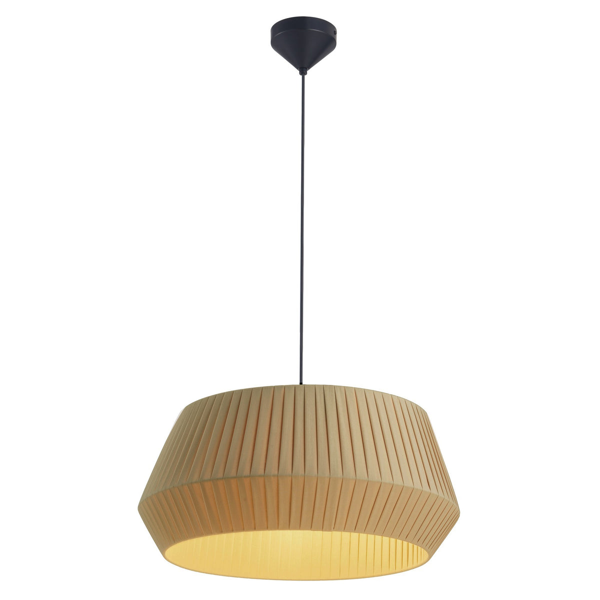 Luminaire suspendu vu de face, abat-jour plissé beige allumé et câble noir