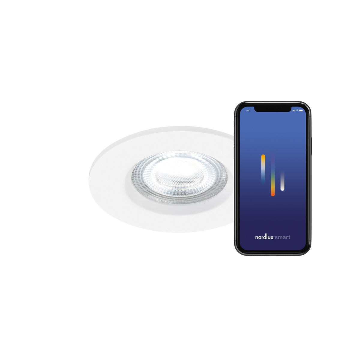 Vue du spot intelligent accompagné de l'écran tactile multicolore sur téléphone