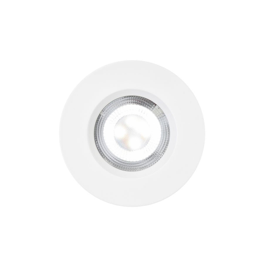 Vue de face du spot rond blanc, lentille LED striée et finition lisse