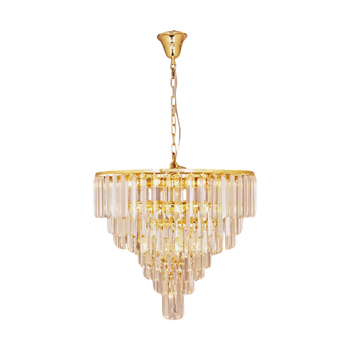 Suspension dorée à vingt lumières avec prismes de verre transparent suspendue par chaîne.