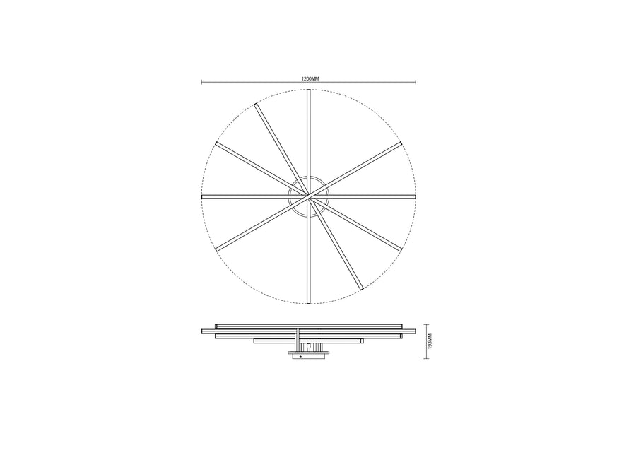 Schéma technique coté : vue de dessus et de profil, diamètre 1200 mm, hauteur 130 mm