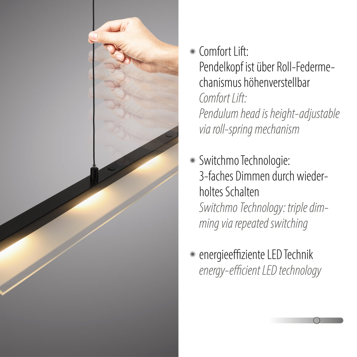Détail d'une main réglant la hauteur du câble, texte Comfort Lift et Switchmo