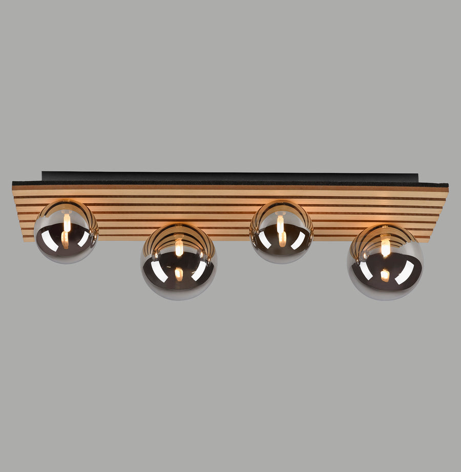 Produit de face sur fond gris, quatre globes fumés et base en bois clair.
