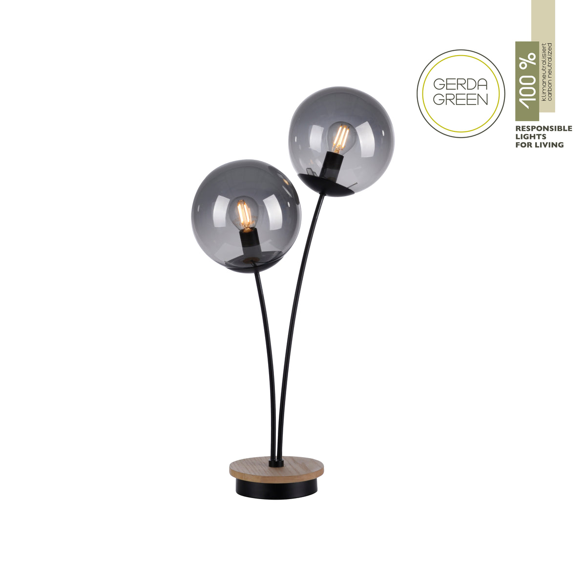 Vue de face de la lampe avec deux globes fumés et étiquette écoresponsable visible à droite