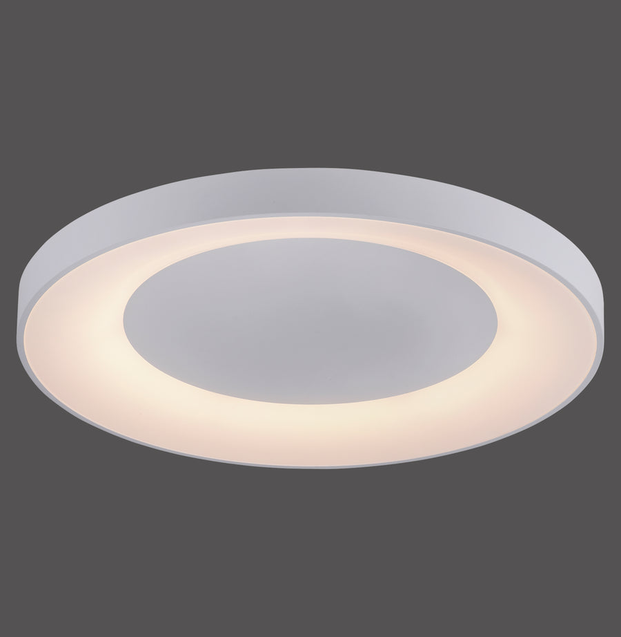 Plafonnier rond blanc vu de dessus, anneau lumineux diffusant sur fond gris