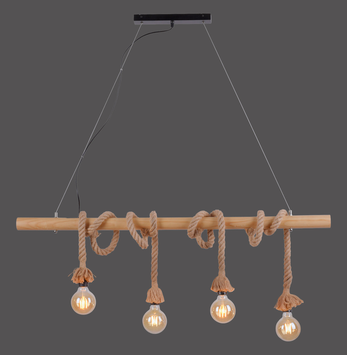 Suspension en bois avec corde et quatre ampoules, vue de face sur fond gris.