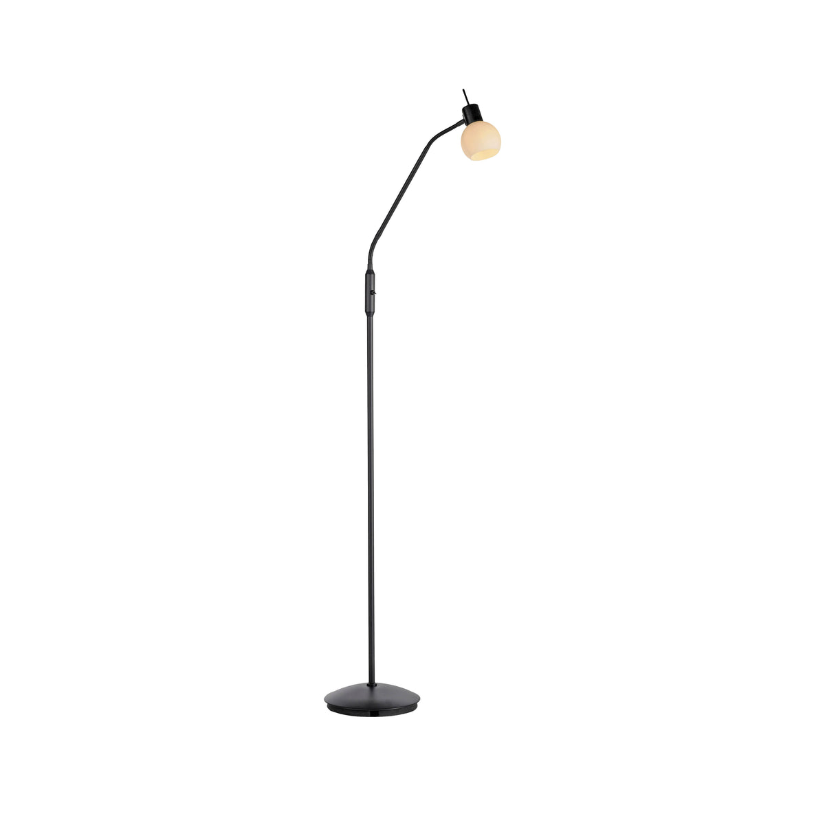 Vue de face du lampadaire noir sur fond blanc, tige fine et diffuseur sphérique.