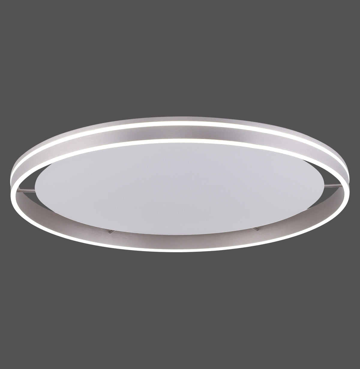 Vue de face du plafonnier rond en acier avec anneau LED allumé
