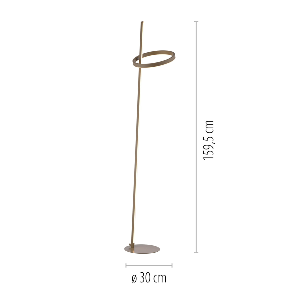 Schéma de dimensions du lampadaire, hauteur 159,5 cm et base de 30 cm.