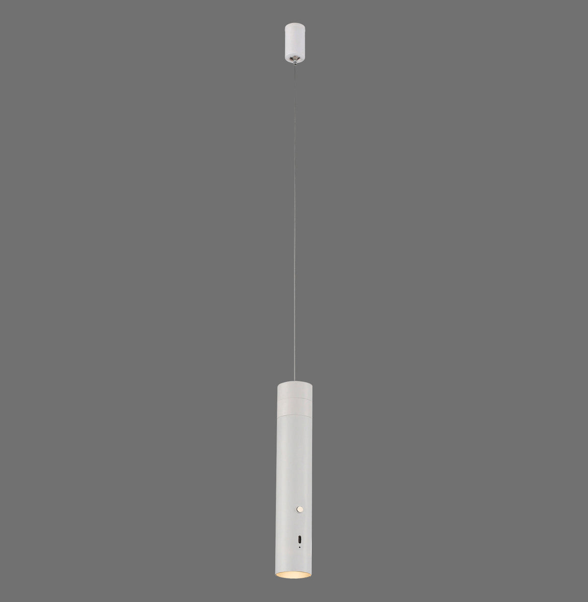 Vue de face de la suspension blanche allumée avec câble et fixation plafond.
