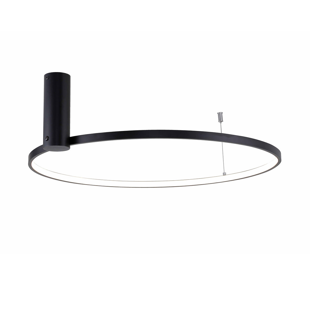 Plafonnier noir vu de face, anneau lumineux et cylindre central, fond blanc