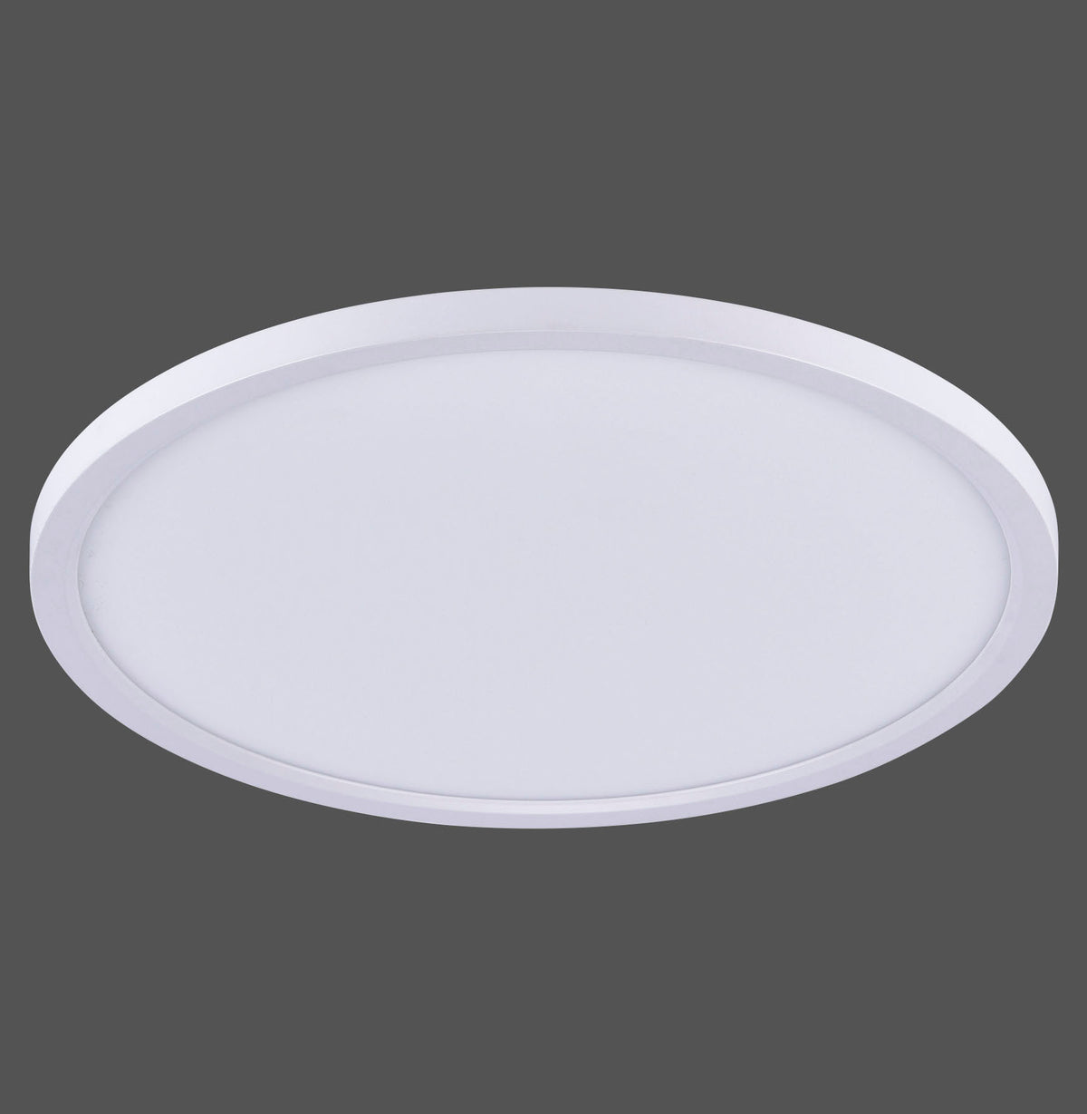 Vue de dessus du plafonnier rond blanc, cadre fin et diffuseur opalin, sur fond gris.