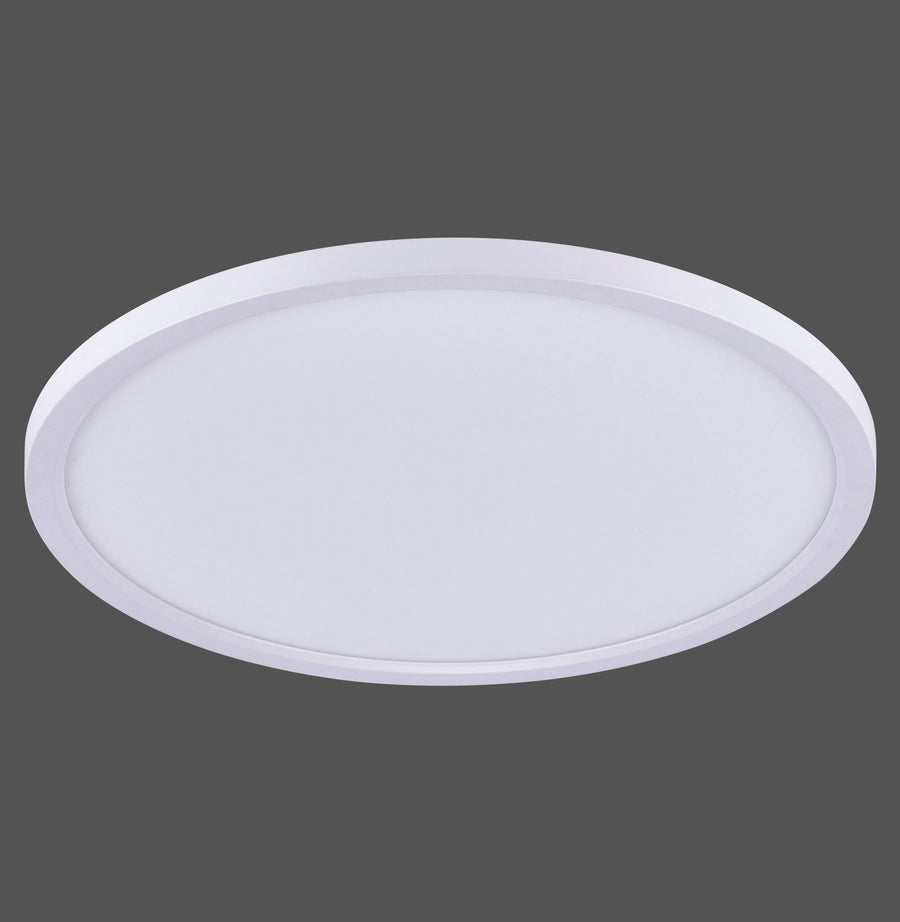 Vue de dessus du plafonnier rond blanc, cadre fin et diffuseur opalin, sur fond gris.
