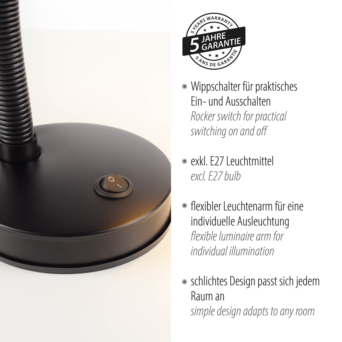 Gros plan du socle avec badge cinq ans de garantie et mentions produit bilingues.