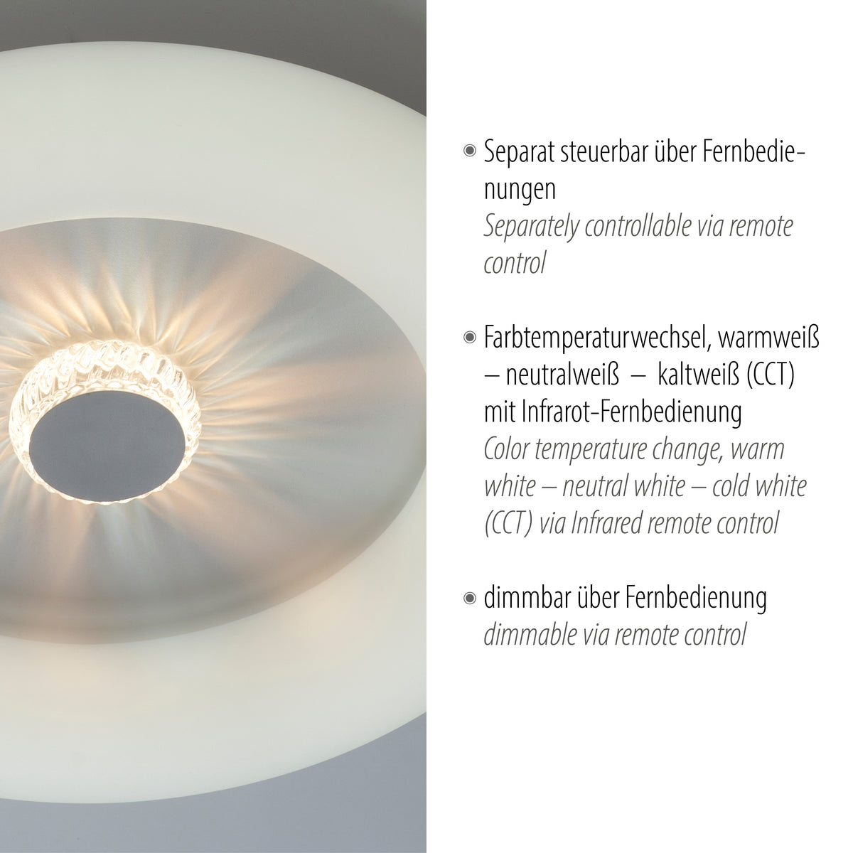 Détail du diffuseur central strié et liste des fonctions variateur CCT.