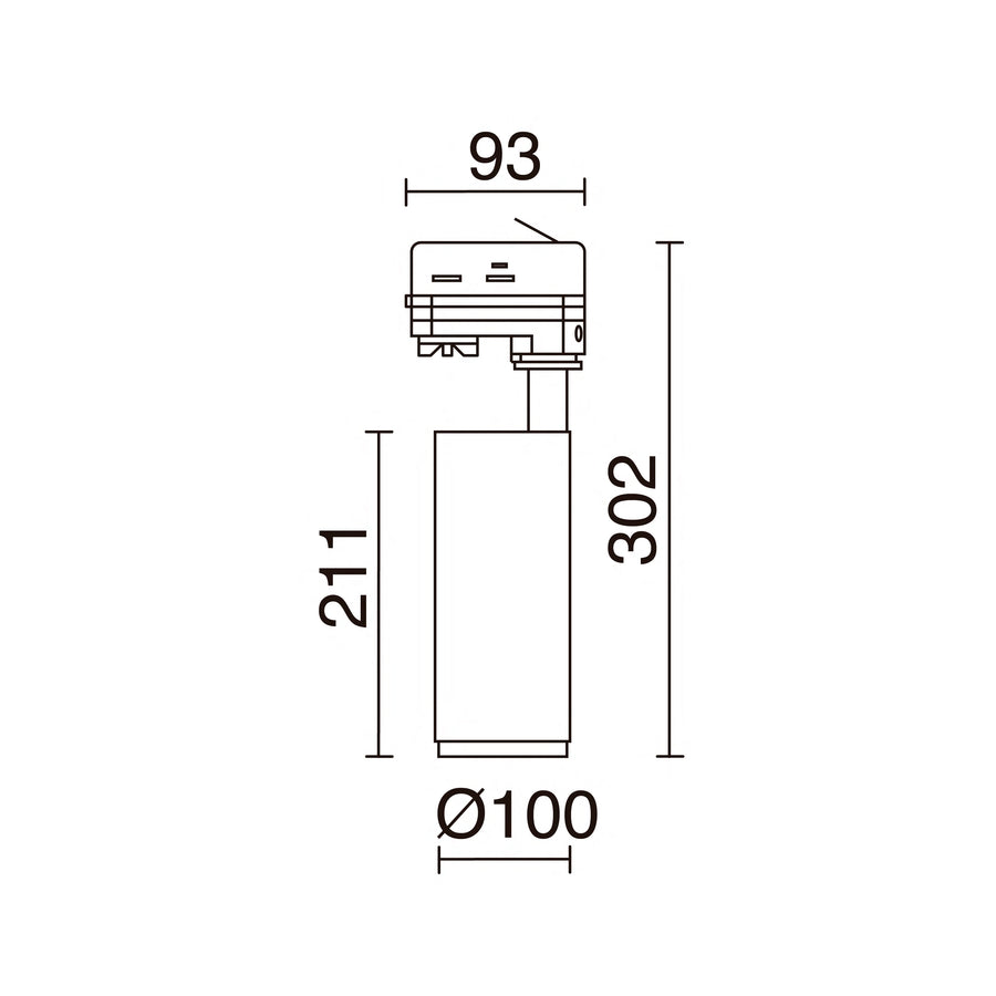 Schéma coté du spot, hauteur totale 302 mm et diamètre 100 mm.