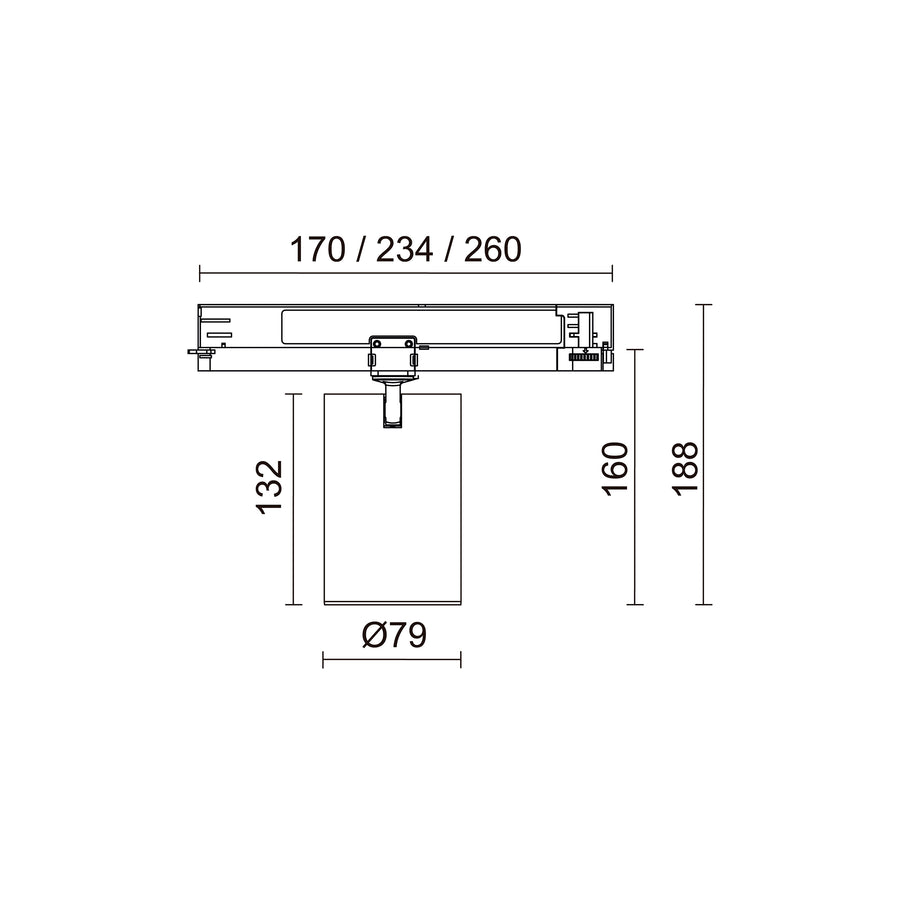 Schéma coté du spot : longueurs de rail 170, 234, 260 mm et diamètre 79 mm.
