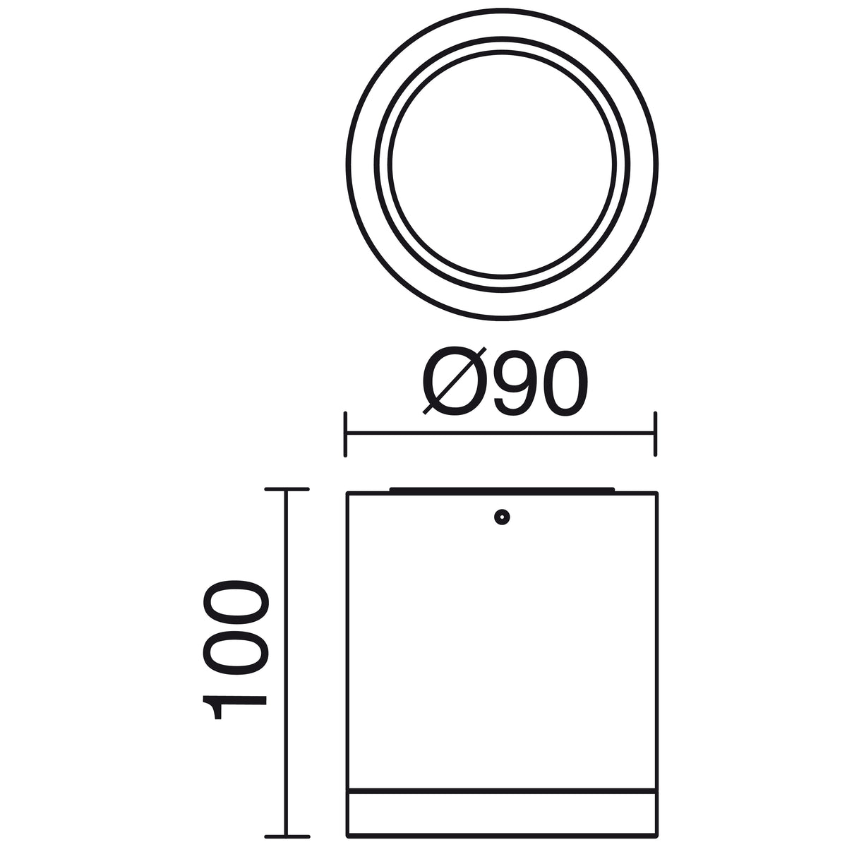 Schéma de dimensions du spot : diamètre 90 mm et hauteur 100 mm.