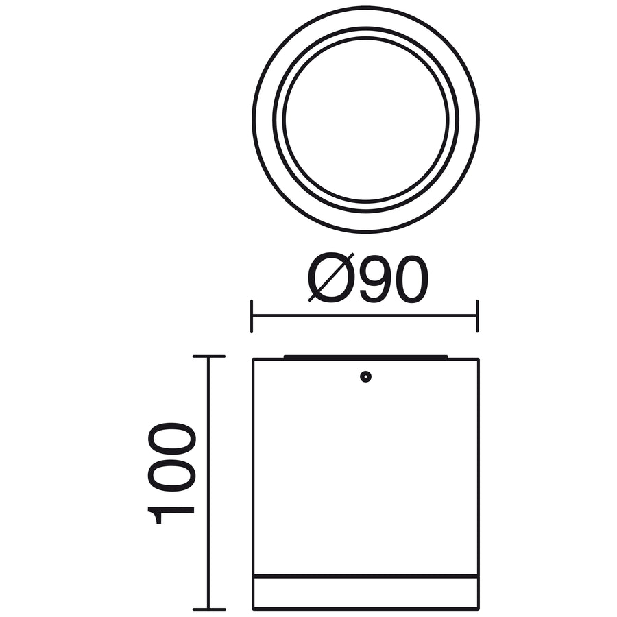 Schéma de dimensions du spot : diamètre 90 mm et hauteur 100 mm.